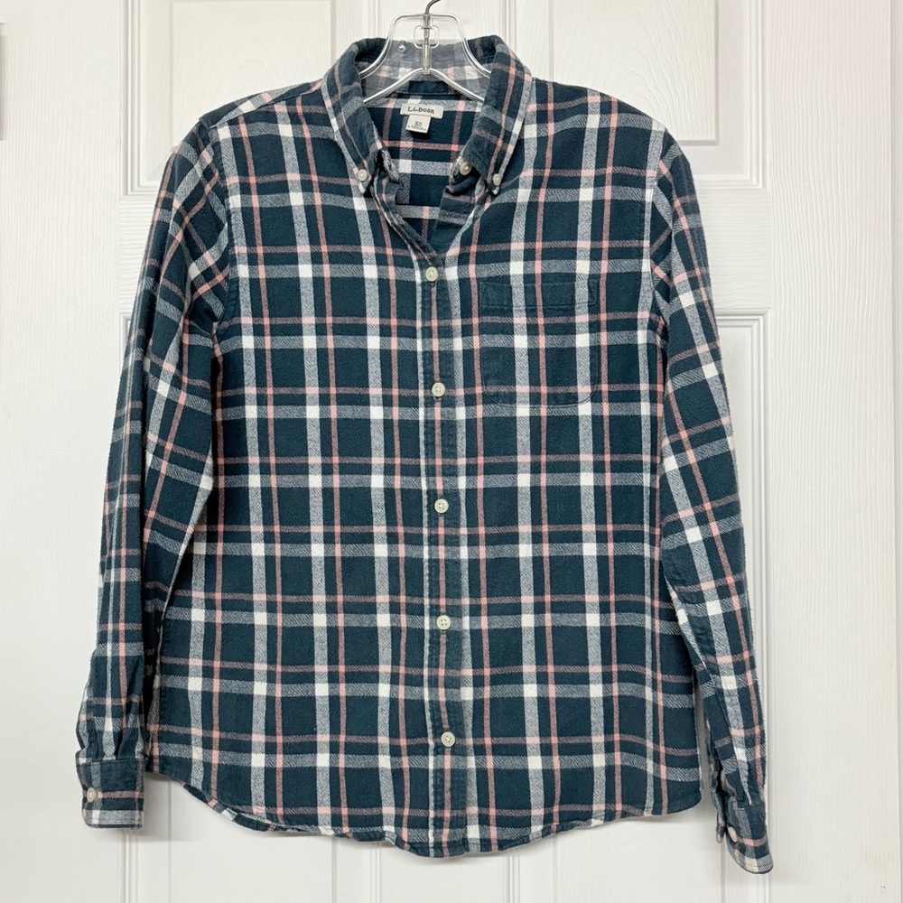 L. L. Bean Teal Pink and White Classic Button Up Flannel Shirt Top Sz XS